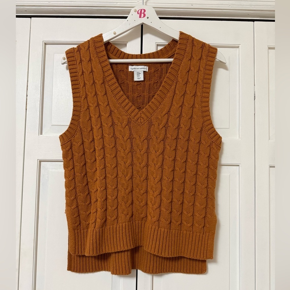 Cupcakes and Cashmere Burnt Orange Brown Cable Knit Sweater Vest Academia - Picture 2 of 7